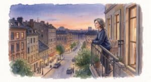 Watercolor illustration of a casual middle‑aged person standing on a small balcony of a modest apartment at dusk, looking out over a city street.