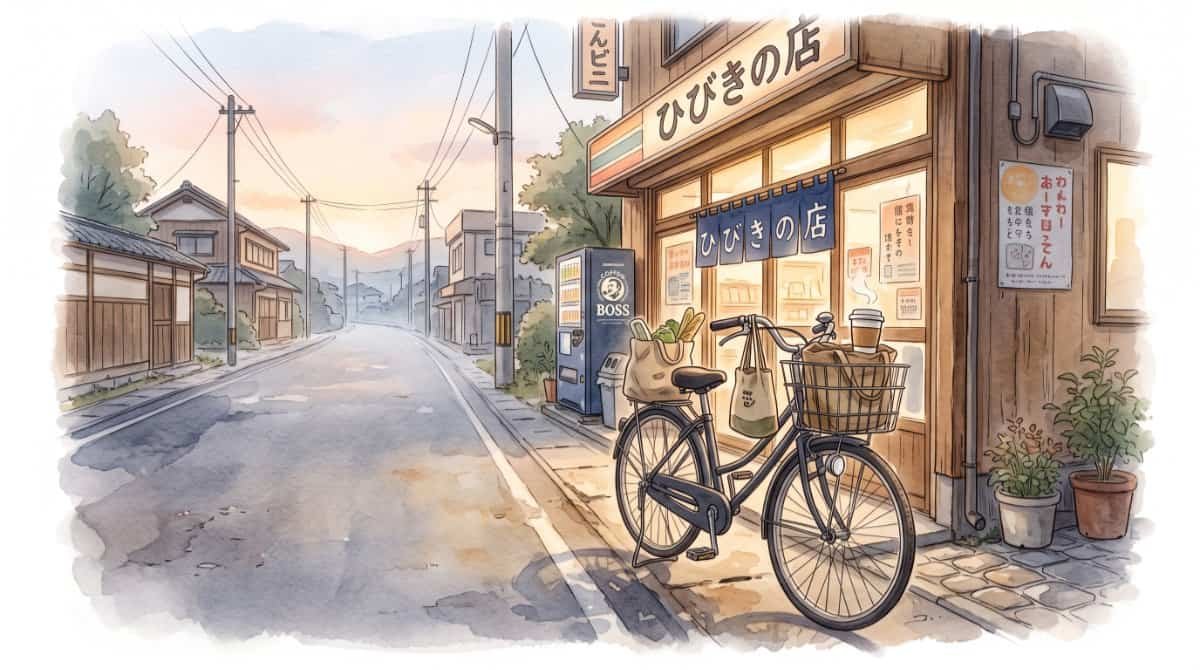 A Watercolour illustration of a quiet early morning Japanese road with a bicycle parked outside a convenience store with simple groceries and coffee.
