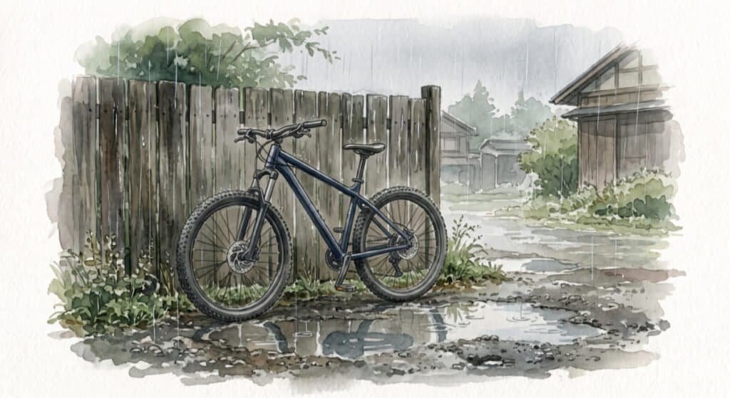 Mountain bike leaning against a wooden fence in the rain, in a rural Japanese area, in watercolour style.