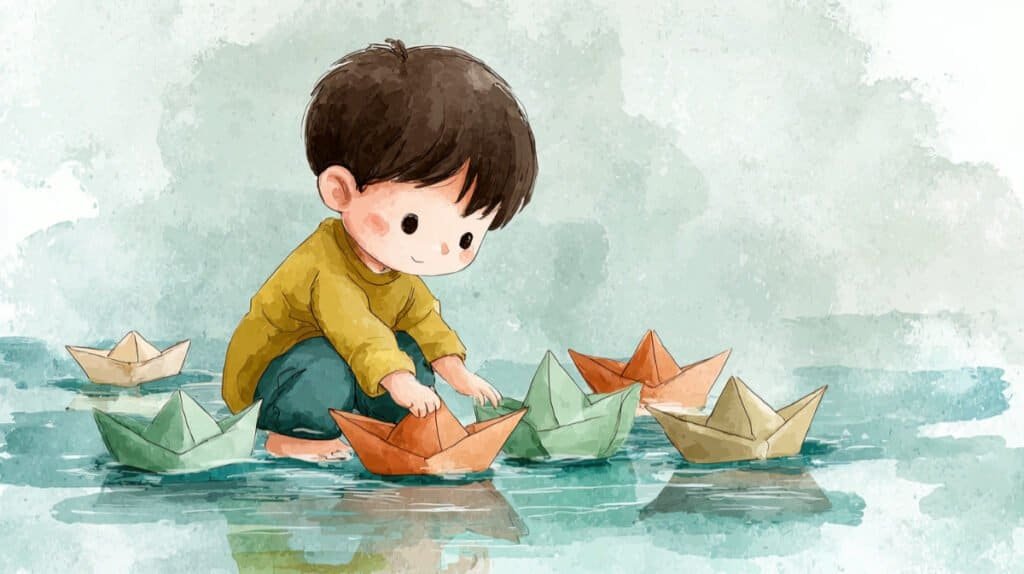 Watercolour of a little boy floating origami boats on water