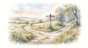 A watercolor illustration of a diverging fork in a gentle country path helping to visualize the question, Can we be too loyal to one path or another?