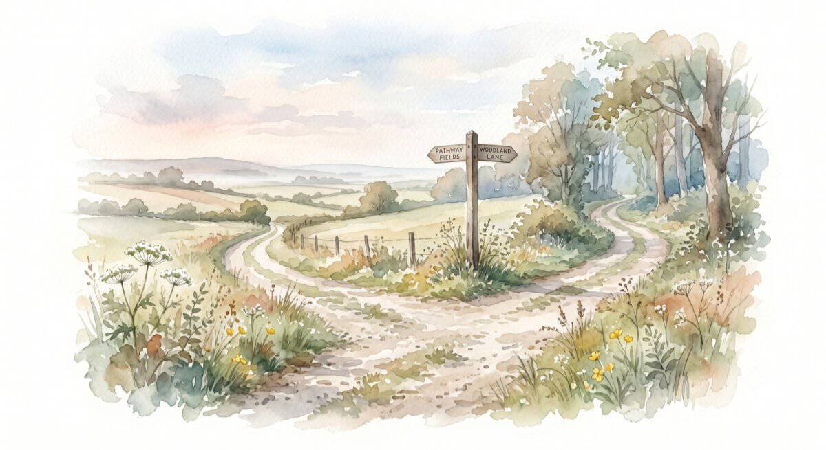 A watercolor illustration of a diverging fork in a gentle country path helping to visualize the question, Can we be too loyal to one path or another?