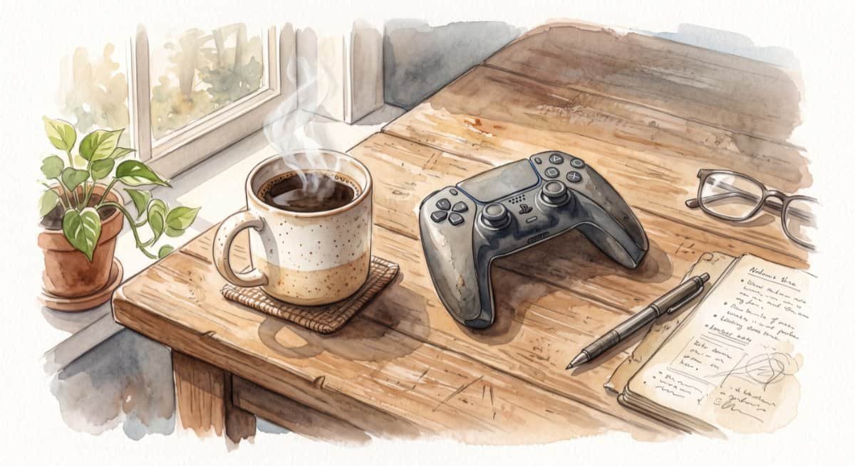 A watercolor illustration of a modern gaming controller next to a mug of coffee.