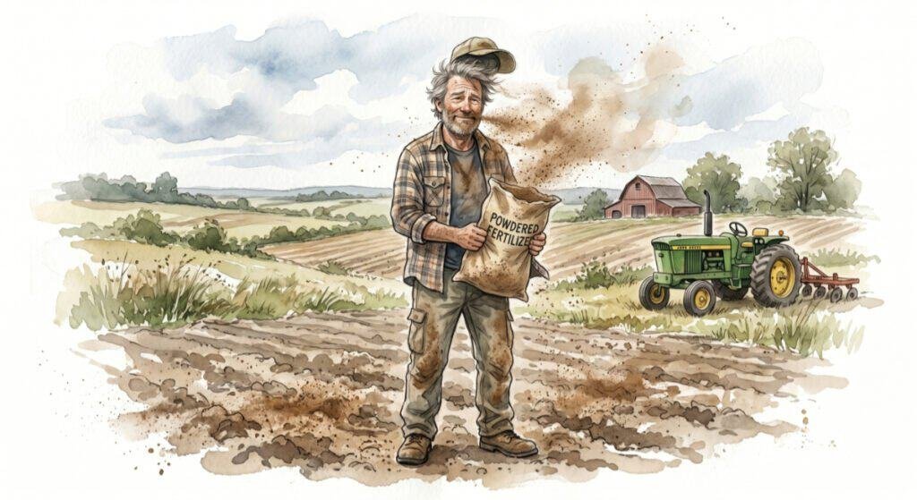 The Myth of the Dream Life (Or: Why I Smell Like Fertilizer) A watercolor illustration of a laid-back, middle-aged man standing in a farm field on a breezy afternoon. He is holding a bag of powdered fertilizer, but the wind is blowing the white dust back into his face, hair, and clothes. He has a self-deprecating, mildly amused expression of defeat.