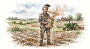 A watercolor illustration of a laid-back, middle-aged man standing in a farm field on a breezy afternoon. He is holding a bag of powdered fertilizer, but the wind is blowing the white dust back into his face, hair, and clothes. He has a self-deprecating, mildly amused expression of defeat.