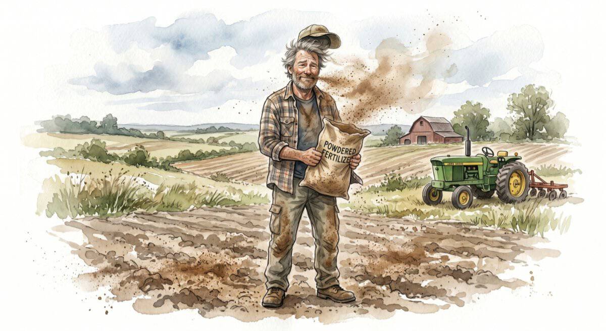 A watercolor illustration of a laid-back, middle-aged man standing in a farm field on a breezy afternoon. He is holding a bag of powdered fertilizer, but the wind is blowing the white dust back into his face, hair, and clothes. He has a self-deprecating, mildly amused expression of defeat.