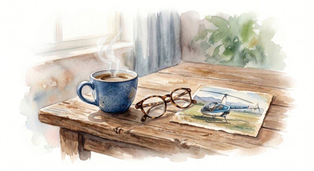 How Dreams Change as You Get Older A watercolour image of a wooden table with a cup of coffee, a pair of reading glasses and an old photo of a helicopter, symbolizing looking back on old dreams.