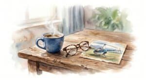 A watercolour image of a wooden table with a cup of coffee, a pair of reading glasses and an old photo of a helicopter, symbolizing looking back on old dreams.