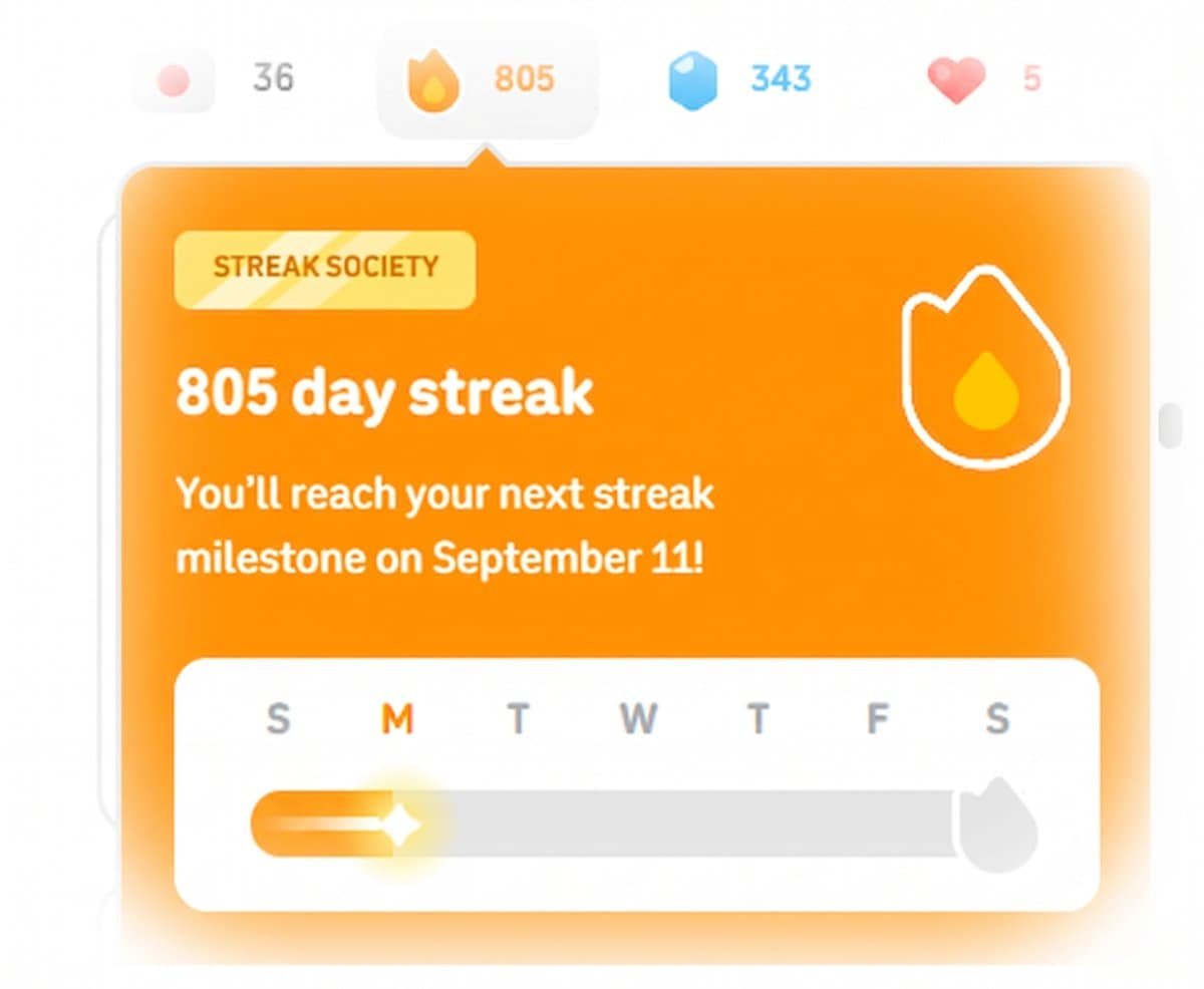 Screenshot snap of Duolingo 805 day streak.