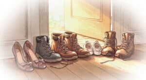 Watrercolour of different boots and shoes by the front door.