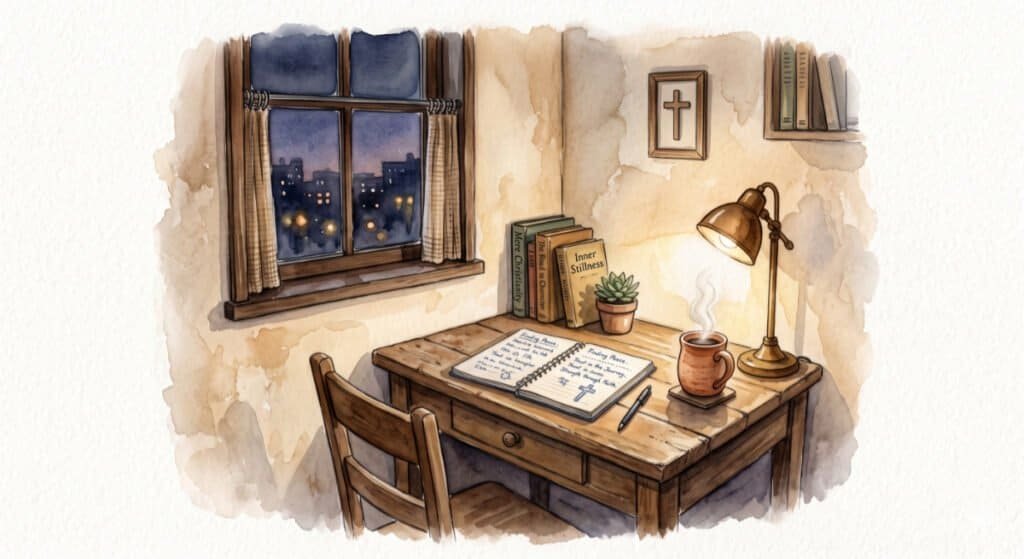 Watercolour of a wooden desk in the corner of a room, a notebook with thoughts about faith, a steaming coffee, and faint city lights outside the window.