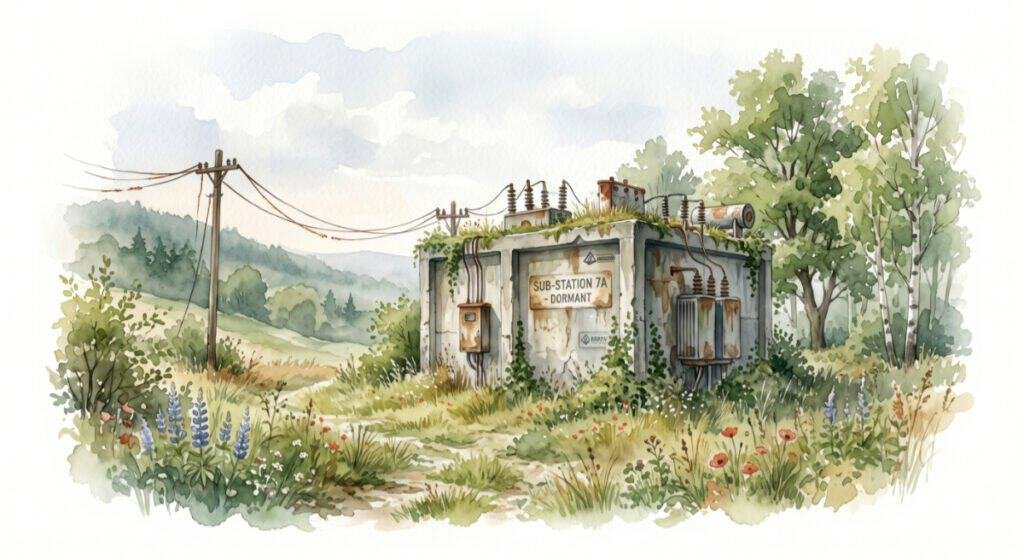 A watercolour landscape showing a quiet, forgotten area of a fictional open-world video game with a weathered concrete substation overgrown with wild summer grass.