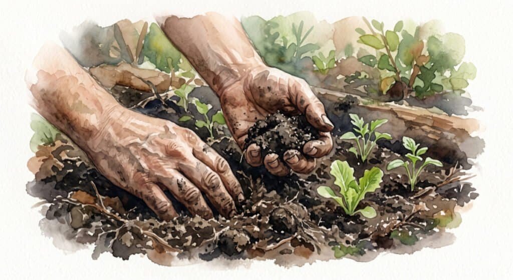 Watercolour illustration of a pair of hands working in dark soil, with small green plants nearby.