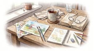 A watercolour illustration of a wooden desk with various half-finished hobby objects, notepad, painting, book, coffee.