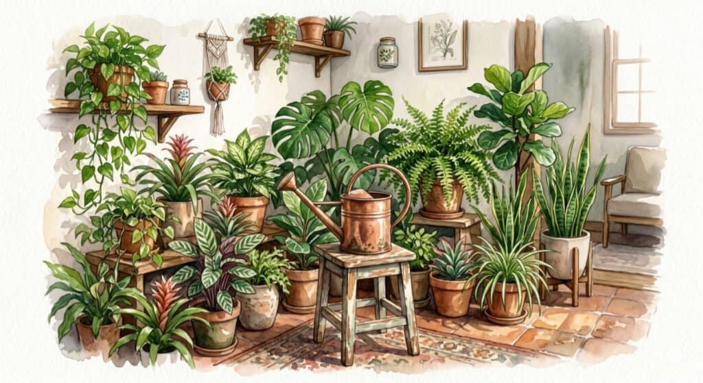 Watercolour of collection of various large houseplants with watering can occupying the corner of a room.