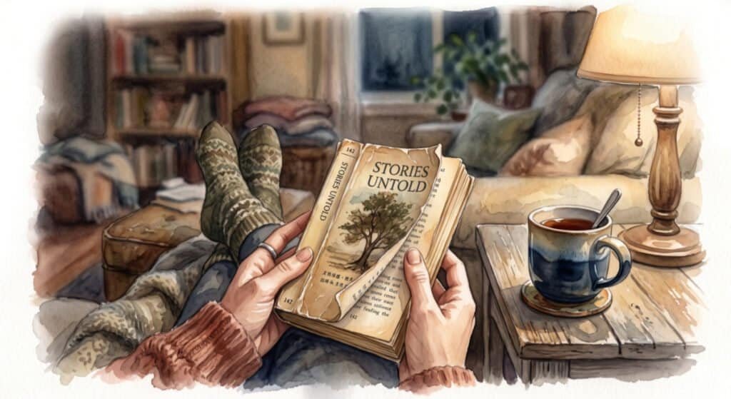 Watercolour image of a person's hands holding a worn paperback in soft lamplight, a mug going cold beside them, feet up, completely unhurried.