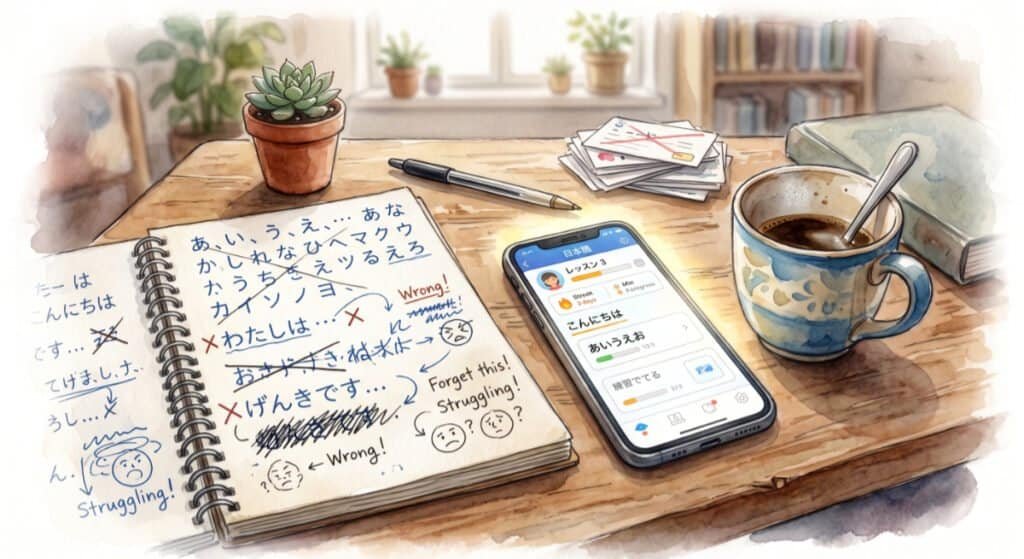 Watercolour image of a desk with a phone language-learning app, a notebook full of crossed-out attempts and shaky handwriting, and a half-drunk coffee.
