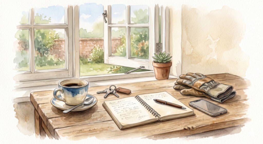 A soft watercolor image of a wooden table with small life clues: a coffee cup, keys, notebook, work gloves, phone, and a half-open window with morning light.