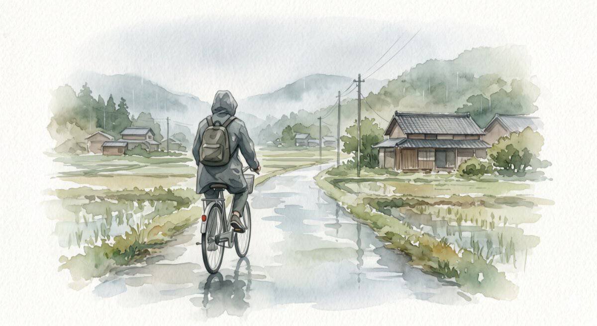 Watercolour illustration of a lone cyclist riding a bicycle on a quiet wet Japanese countryside road in the rain.