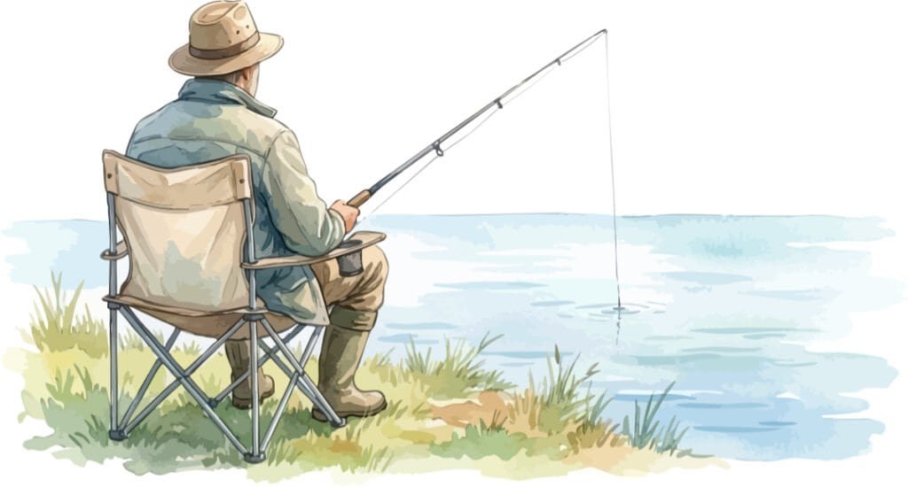 Watercolour image from behind of a man in a chair fishing.