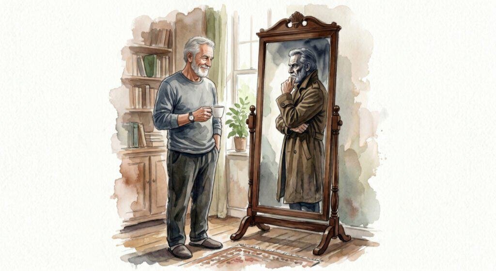 Watercolour of a casually-dressed, laid-back older guy standing in front of a mirror and smiling at his dramatic reflection of a trench coat wearing, wise philosopher finding meaning in everything he can.