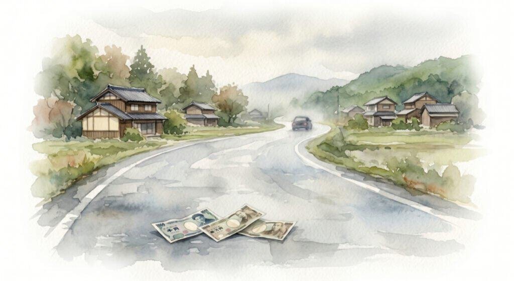 Watercolour painting of curved Japanese road with moving car up ahead. Three money bills lie neatly together undisturbed on the road having appeared from behind the car.