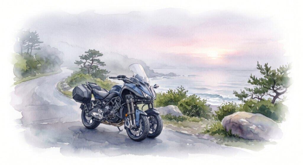 A watercolor painting of a Yamaha Niken GT touring motorcycle parked quietly on a serene, misty coastal road in Japan at dawn, representing OldDogZeroTricks's actual dream.