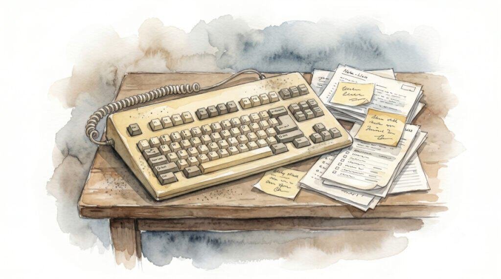 A watercolor painting of an old, nostalgic computer keyboard and a disorganized stack of notes sitting on a simple wooden desk, evoking the question 'Can we be too loyal with older things'.