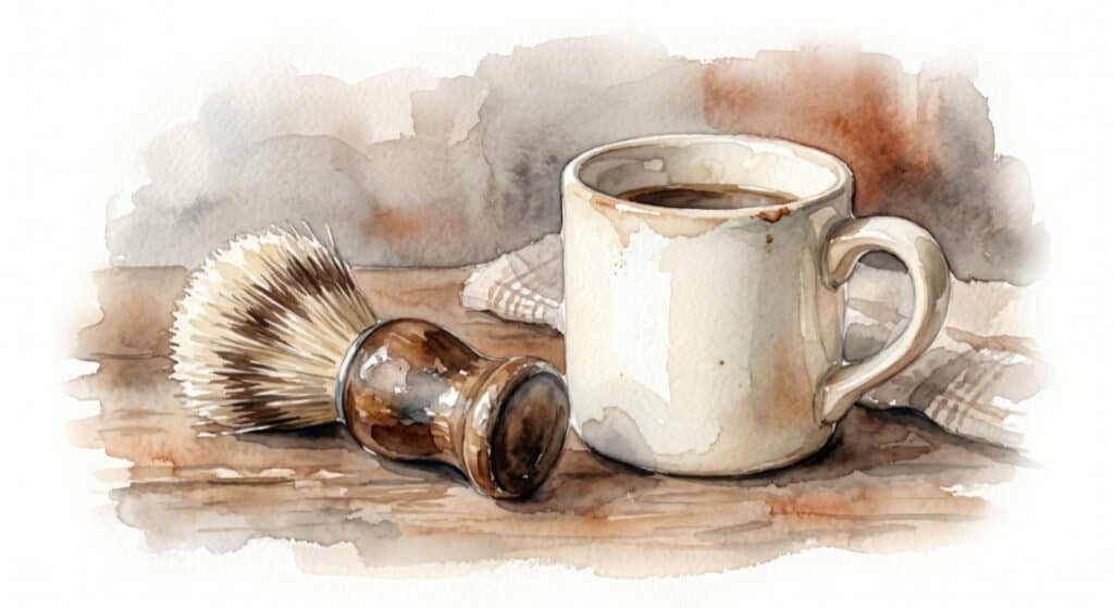 A watercolor painting of an old-fashioned shaving brush resting next to a well-worn, everyday ceramic coffee mug.