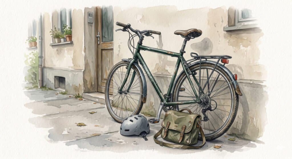 Watercolour of a worn but well‑maintained bicycle leaning against an apartment wall, with a helmet and work bag nearby.