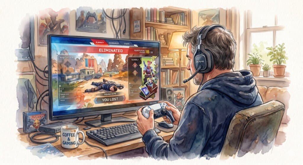 A watercolour over-the-shoulder view of a middle-aged man losing at Apex Legends.