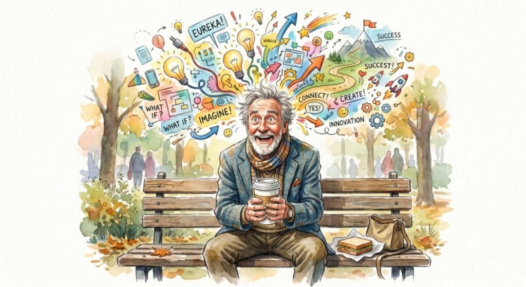 A watercolor illustration of a laid-back older man sitting on a bench. He is leaning forward with an expression of intense, hopelessly optimistic inspiration, featuring wide eyes and a slight, eager smile. Holding a paper coffee cup as if he has completely forgotten to drink it. Above his head is an explosive, bright, and energetic burst of chaotic ideas. Next to him on the bench sits an uneaten sandwich. He's hoping for a breakthrough, but forgetting to eat.