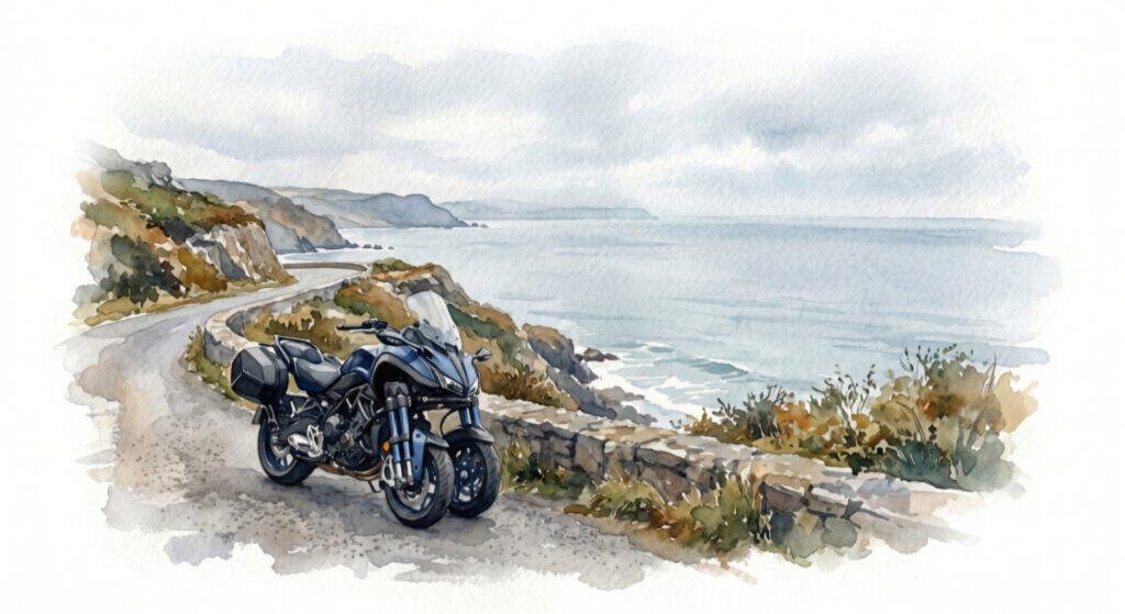 A watercolor painting of a Yamaha Niken GT motorcycle parked on a quiet, empty coastal road, overlooking the sea – evoking the question – what's worth keeping?