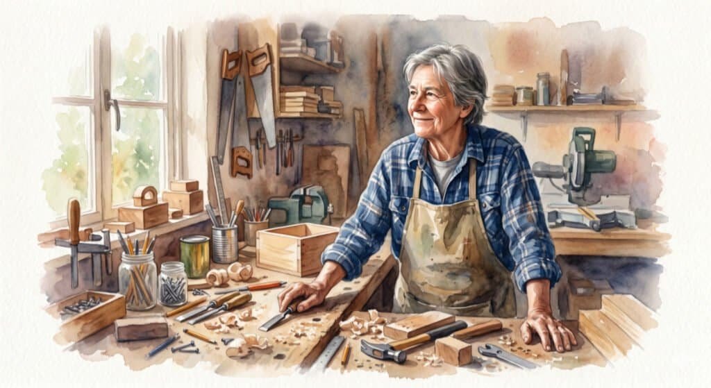 Watercolour of a passionate older craftsperson pausing to reflect and smile.