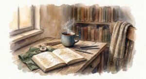 A watercolor of a cozy corner of a room with desk, notebook, pencils and coffee, representing a place for things that make you feel alive.