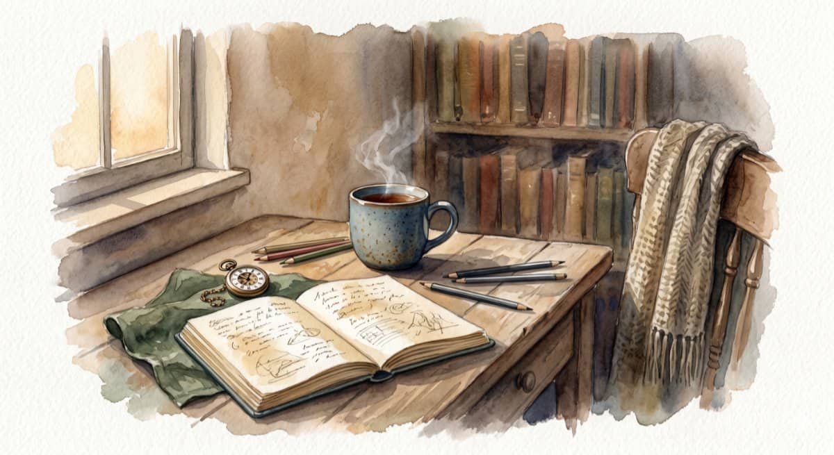A watercolor of a cozy corner of a room with desk, notebook, pencils and coffee, representing a place for things that make you feel alive.