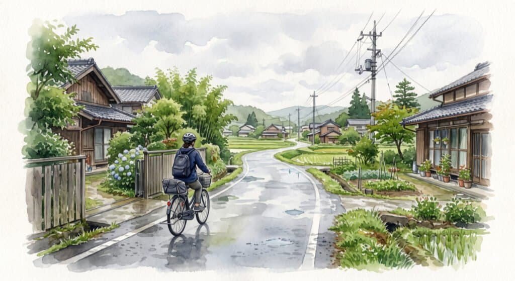 A watercolor scene of a narrow rural Japanese road after light rain, with a cyclist showing up and cycling to work.