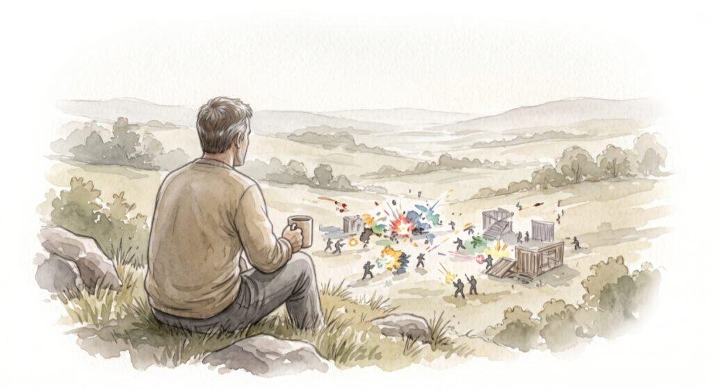 A watercolour image of an older guy watching a frantic game from a safe and removed distance.