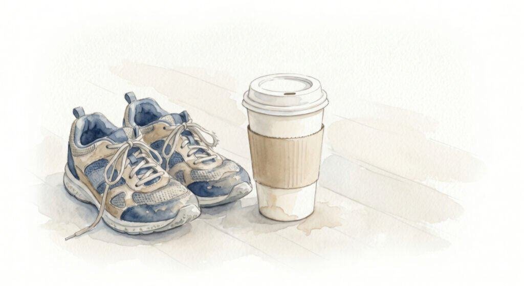A minimalist watercolor illustration of a plain paper coffee cup resting next to a pair of well-worn trainers (or sneakers) on the floor, symbolizing ordinary things and no need to overthink the basics.