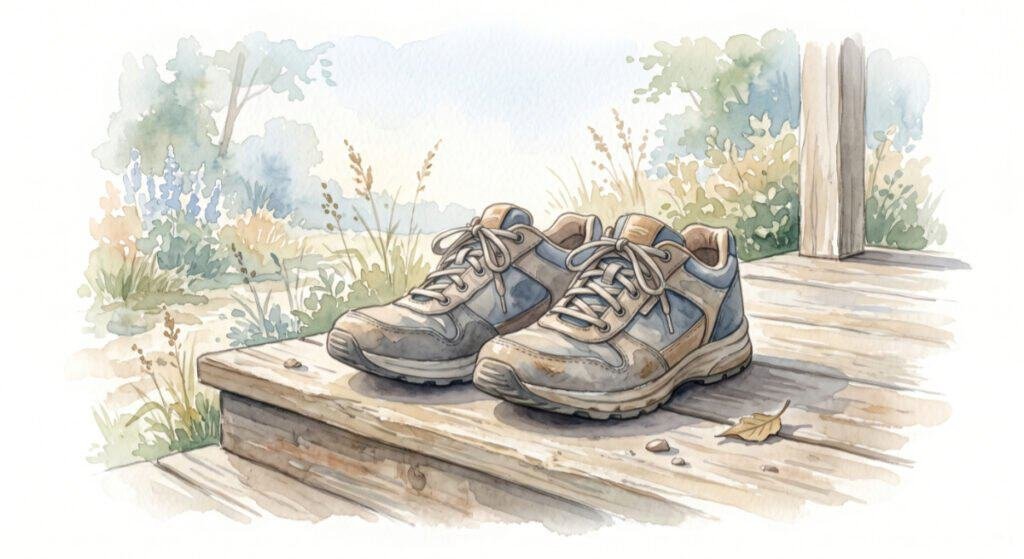 A watercolour illustration of a pair of comfortable, slightly worn walking shoes resting on a wooden porch step.