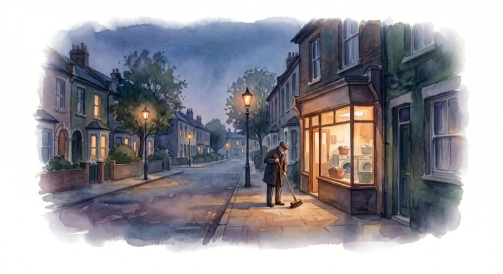 A watercolour of a man sweeping the streets at dusk and doing something that makes him feel alive.