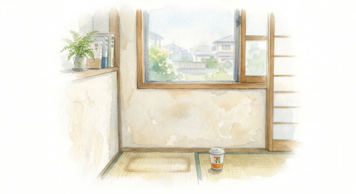 A watercolour of an empty corner in a Japanese room where something used to be, supporting the discussion of what's worth keeping.