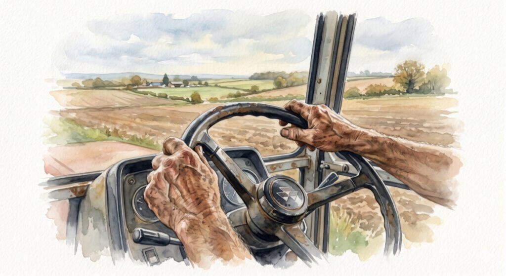 A pair of work‑roughened hands resting on a tractor steering wheel, with fields blurred in the background. Watercolour image.