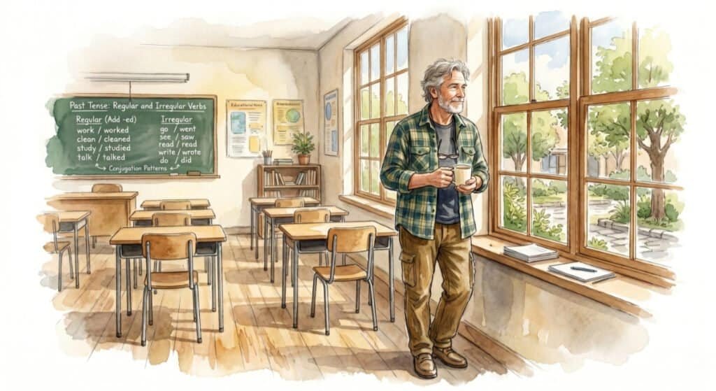 A watercolor illustration of an older man looking out a bright classroom window, holding a coffee cup while taking a quiet break.