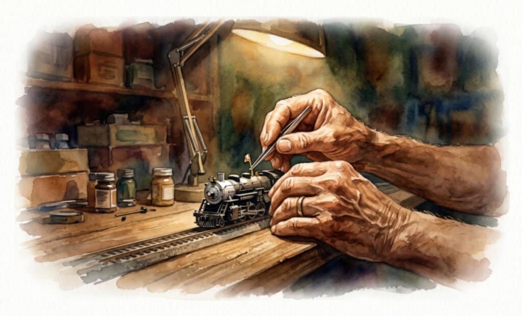 Watercolour of older weathered hands carefully adding the finishing touches to a model train. An example of doing things that make you feel alive.