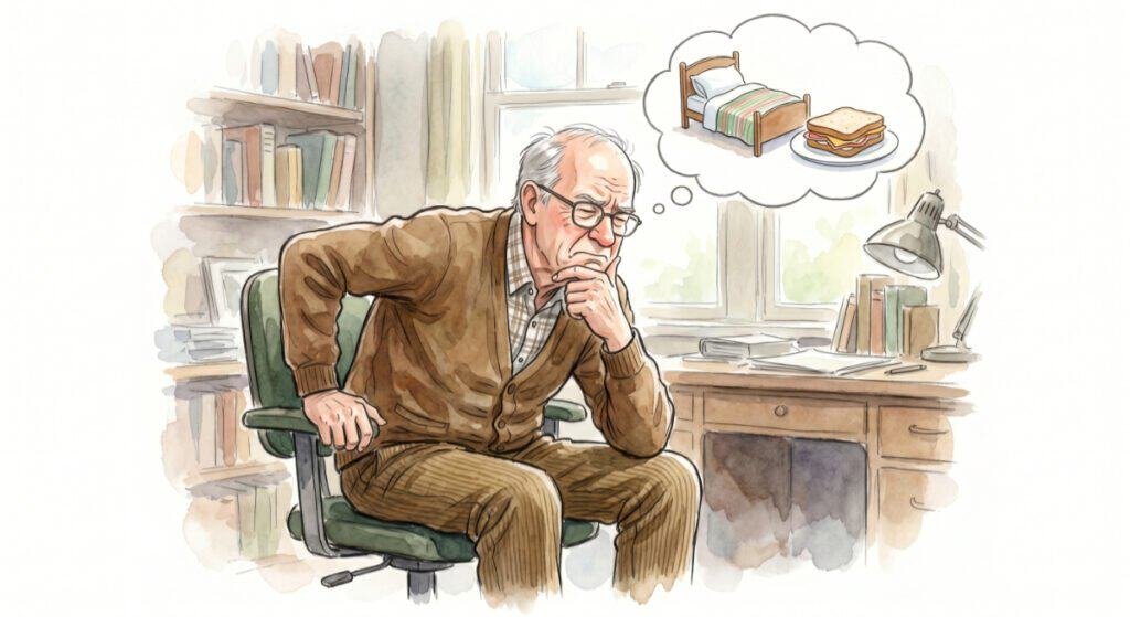 A watercolor illustration of an older man attempting to hold the classic, dramatic "The Thinker" pose while sitting in a desk chair. His body is failing the pose – his back is in an uncomfortable slump, he looks stiff, and his expression is one of mild physical pain rather than profound wisdom. Above him is a simple thought bubble containing a bed and a sandwich.