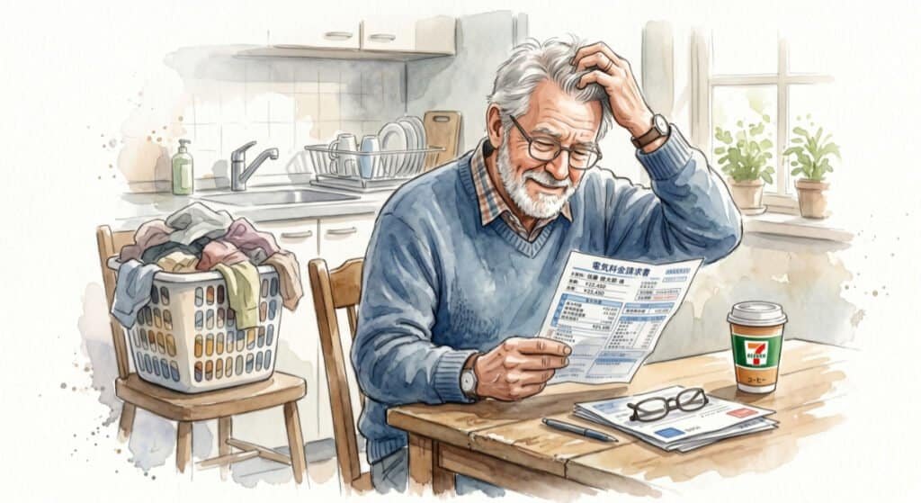 Watercolor illustration of an older western man sitting at a kitchen table trying to understand a utility bill written in Japanese. Not quite a dream life abroad moment.