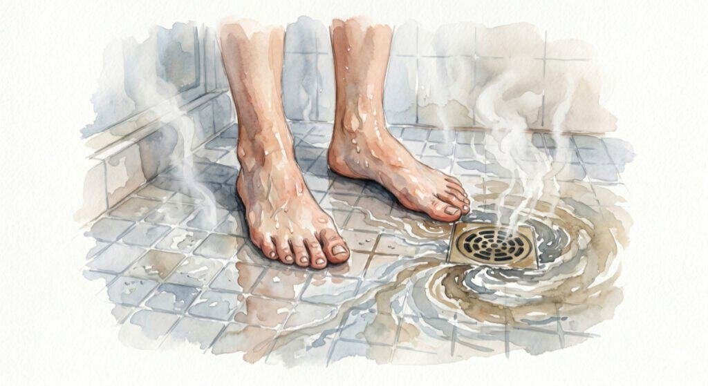 A minimalist watercolor illustration looking down at the tiled floor of a steaming hot shower. A pair of tired, bare feet stand near the drain, with dirty, earthy water swirling down into it.