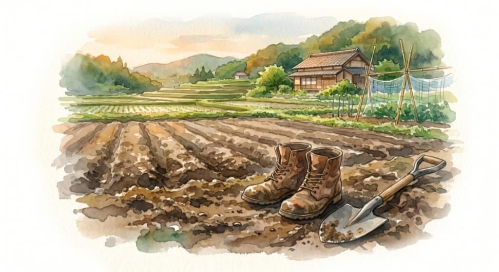 A watercolor painting of a pair of worn, muddy work boots sitting next to a garden spade on the edge of a freshly ploughed field in Japan.