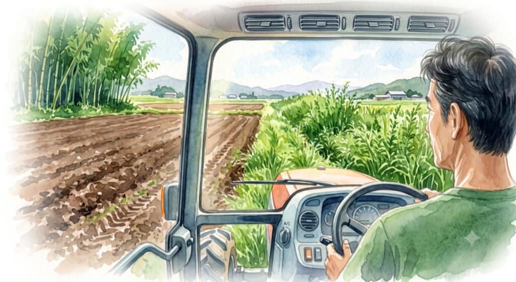A middle-aged man ploughing a field of tall weeds within the comfort of an air conditioned tractor. watercolour image.